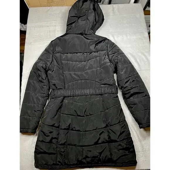 Bebe Long Black Puffer Coat Belted Gold Accents Womens L Double Zipper Hooded - Picture 3 of 16